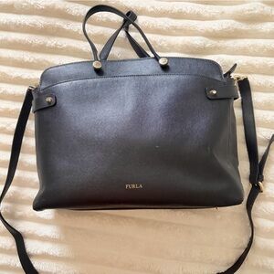 Furla Black Leather Satchel with Gold Accents